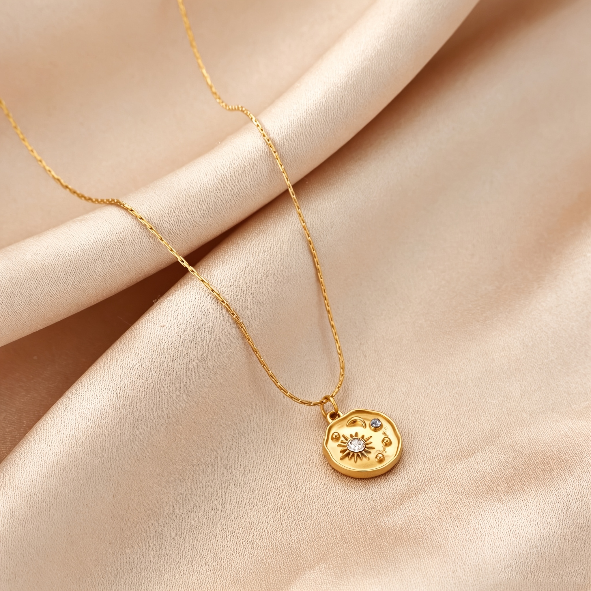 Stainless Steel Inlaid Colored Zirconia Moon Pendant Necklace